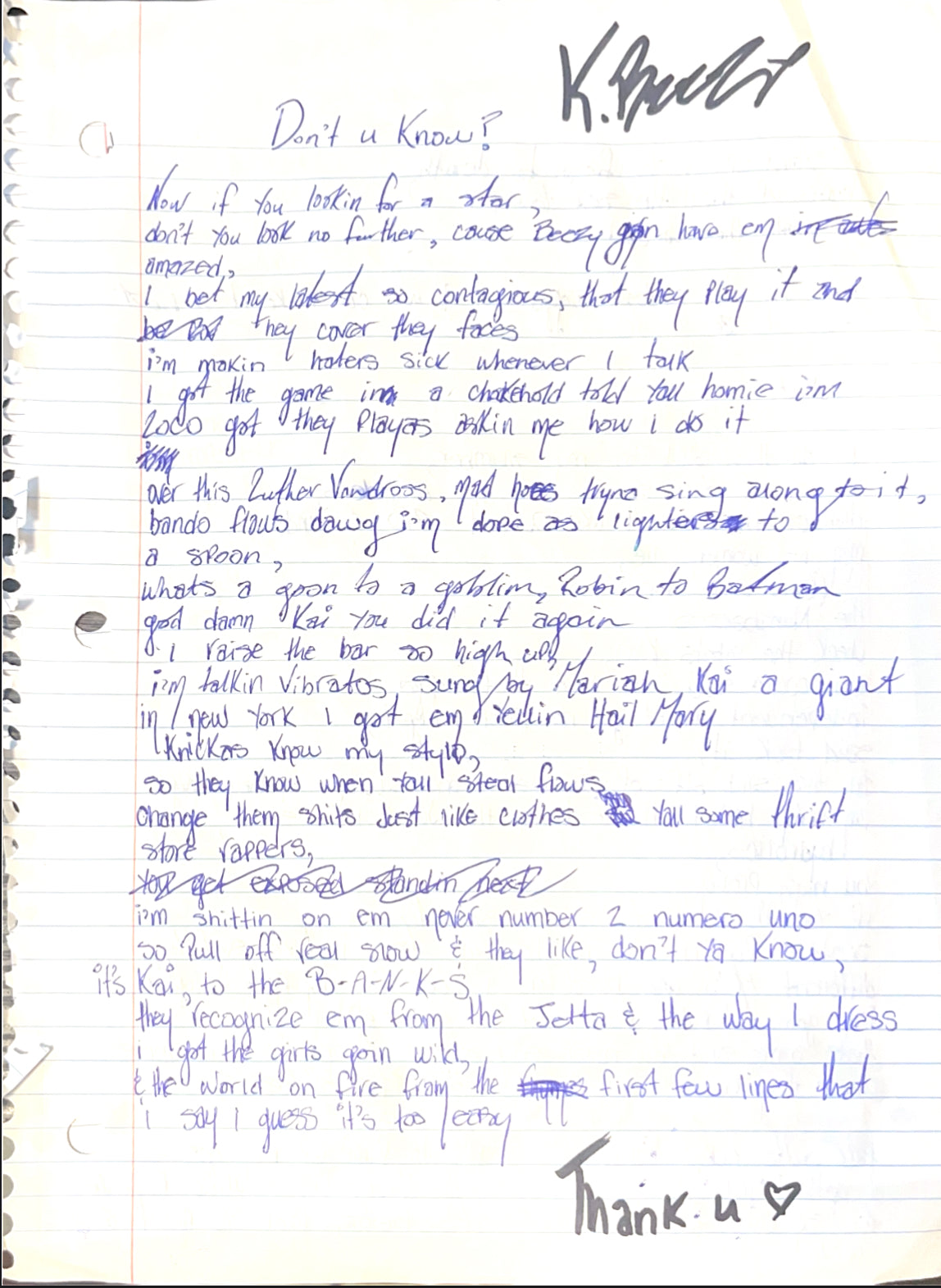 Signed "Don't U Know?" Lyric Page One of One